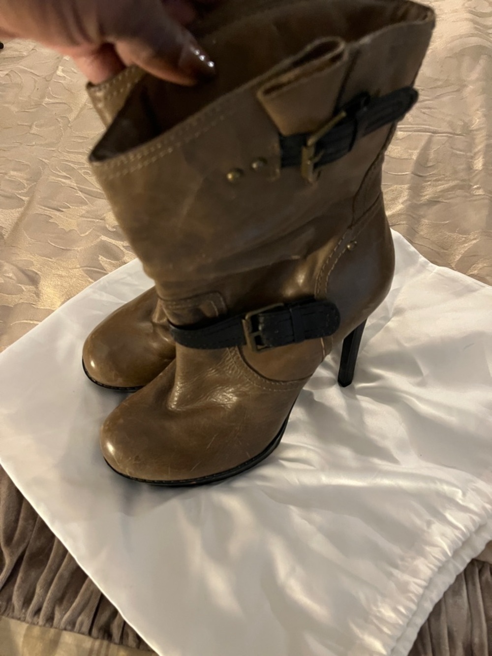 Jessica Simpson Brown Mid-Calf Heeled Boots with Black Buckle Straps